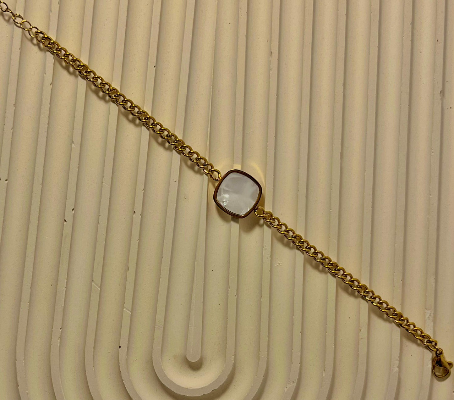 Gold Stainless Steel Chain Bracelet with White Stone Accent