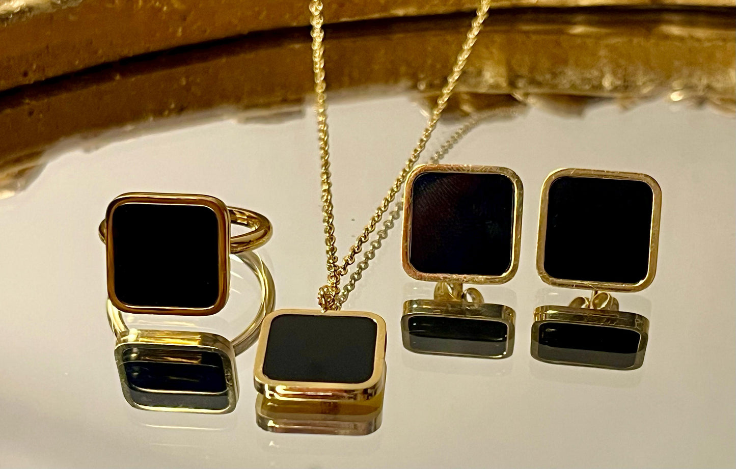 Gold Stainless Steel Jewelry Set with Black Square Accents (Ring, Necklace & Earrings)