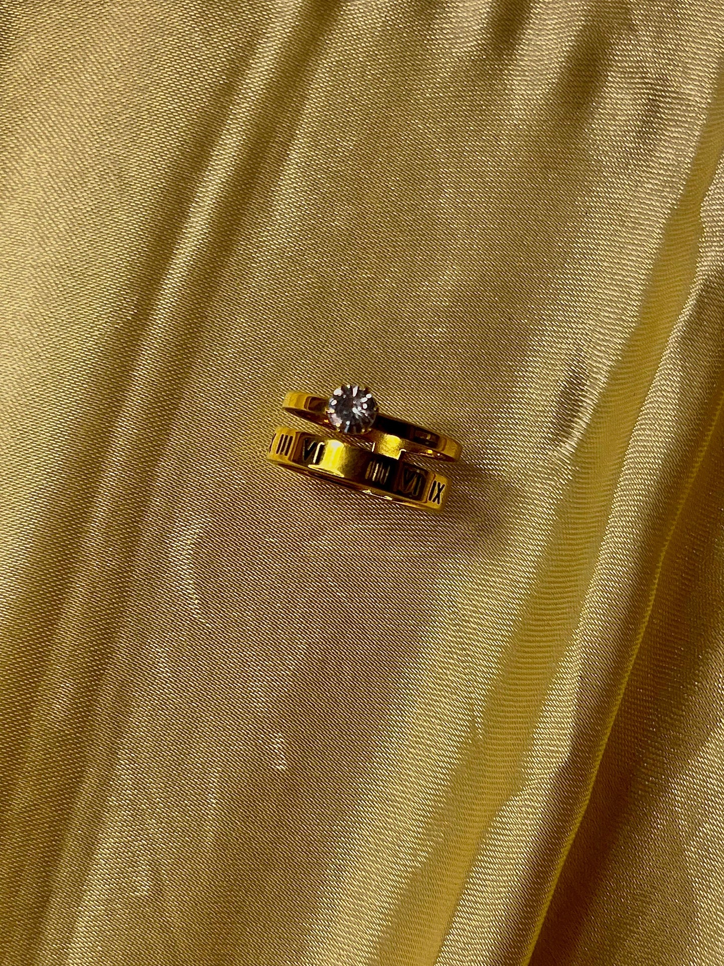 Elegant Gold-Tone Roman Numeral Double Band Ring with Crystal