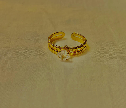 Adjustable Star Charm Ring – Gold-Plated Stainless Steel with Clear Crystal for Women