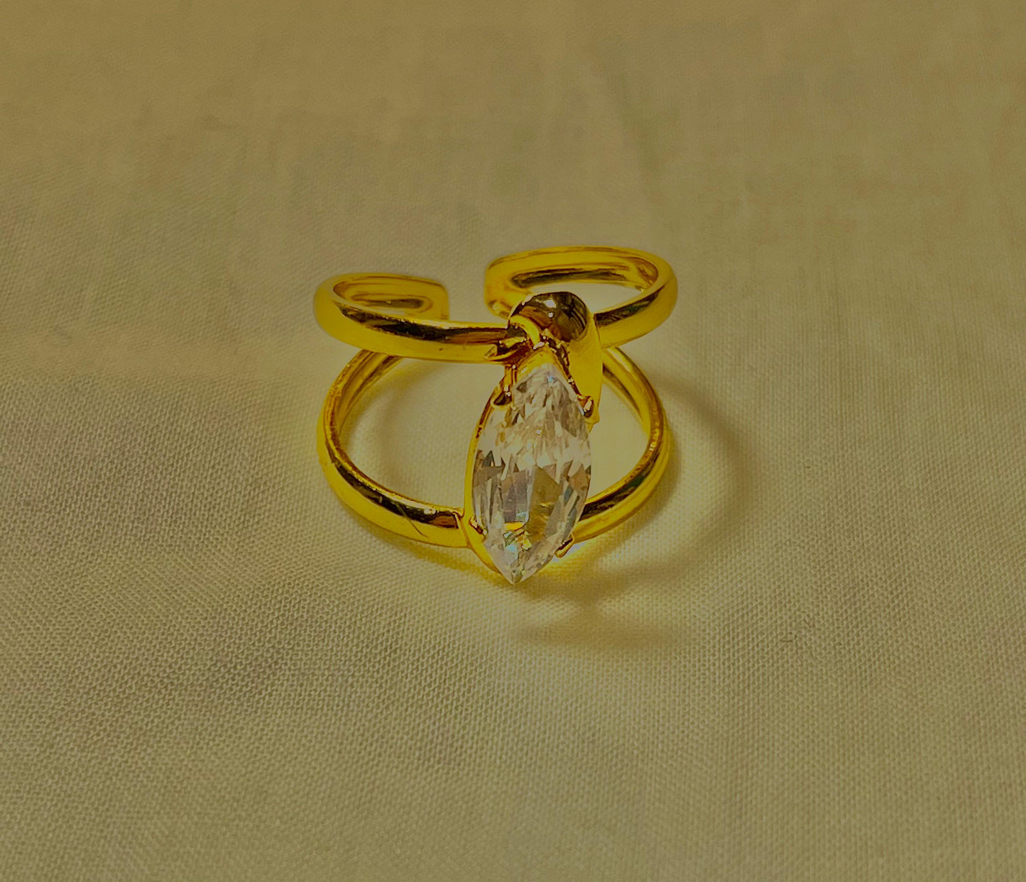 Gold-Plated Adjustable Ring with Dangling Marquise Crystal – Stainless Steel for Women