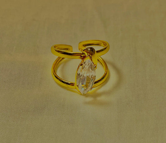 Gold-Plated Adjustable Ring with Dangling Marquise Crystal – Stainless Steel for Women