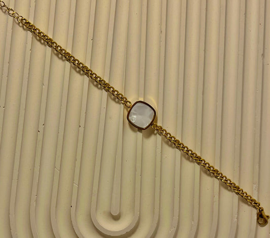 Gold Stainless Steel Chain Bracelet with White Stone Accent