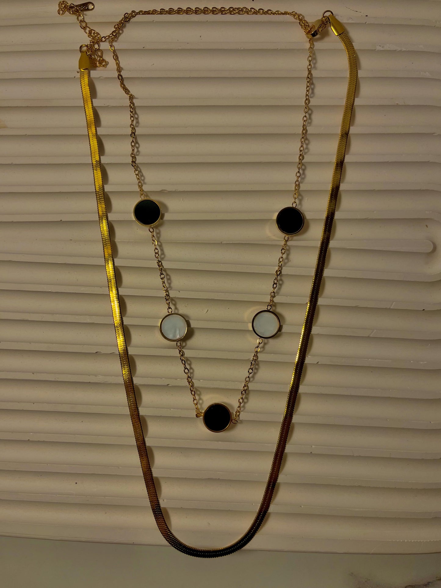Gold Stainless Steel Layered Necklace with Black & White Accents