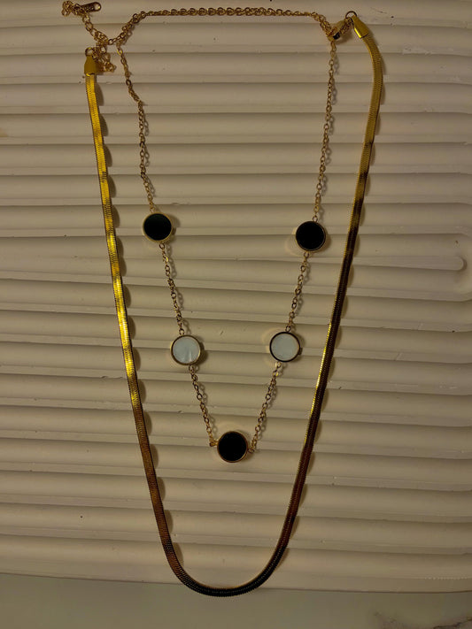 Gold Stainless Steel Layered Necklace with Black & White Accents