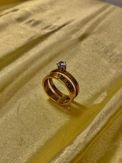 Elegant Gold-Tone Roman Numeral Double Band Ring with Crystal