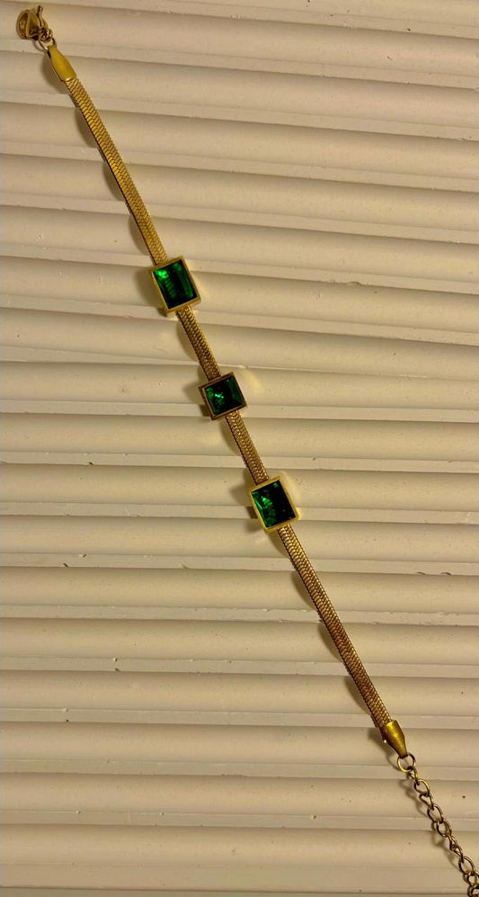 Gold Stainless Steel Bracelet with Emerald Green Stones