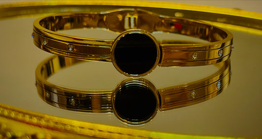 Luxury Black Stone & Crystal Stainless Steel Bangle – Premium Quality